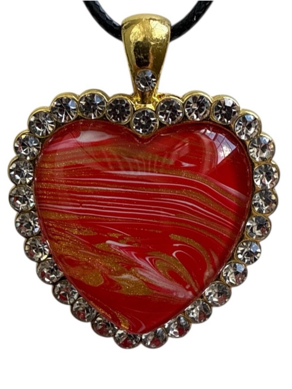 Hand Crafted Necklace Red and Gold Fluid Art Heart Pendant by Svetlana Yeung